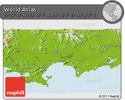 Physical 3D Map of the Area around 22° 53' 22" N, 115° 40' 30" E