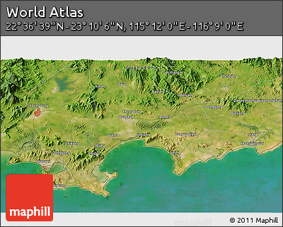 Satellite 3D Map of the Area around 22° 53' 22" N, 115° 40' 30" E