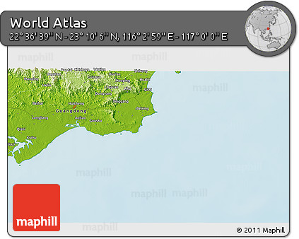 Physical 3D Map of the Area around 22° 53' 22" N, 116° 31' 30" E