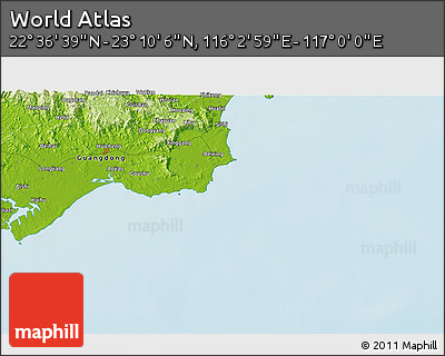Physical 3D Map of the Area around 22° 53' 22" N, 116° 31' 30" E