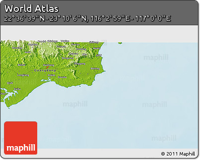 Physical 3D Map of the Area around 22° 53' 22" N, 116° 31' 30" E