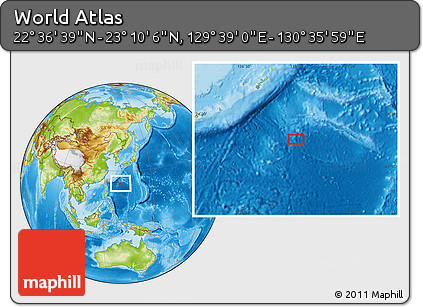 Physical Location Map of the Area around 22° 53' 22" N, 130° 7' 30" E