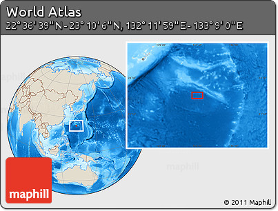 Shaded Relief Location Map of the Area around 22° 53' 22" N, 132° 40' 30" E
