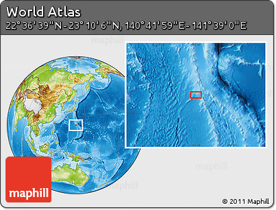 Physical Location Map of the Area around 22° 53' 22" N, 141° 10' 30" E