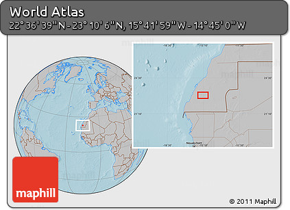 Gray Location Map of the Area around 22° 53' 22" N, 15° 13' 29" W, hill shading