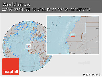 Gray Location Map of the Area around 22° 53' 22" N, 15° 13' 29" W, hill shading