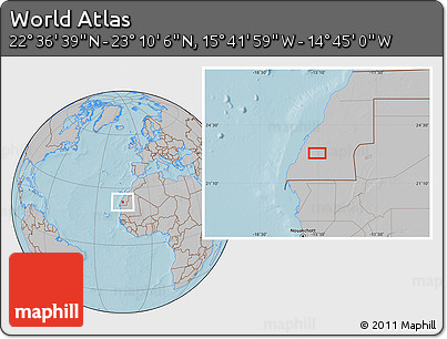 Gray Location Map of the Area around 22° 53' 22" N, 15° 13' 29" W, hill shading