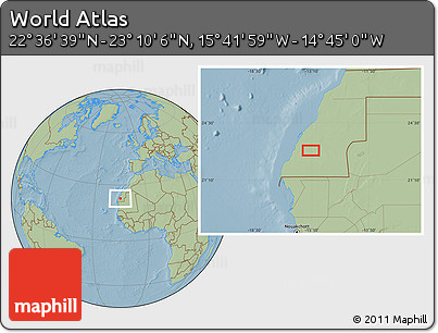Savanna Style Location Map of the Area around 22° 53' 22" N, 15° 13' 29" W, hill shading