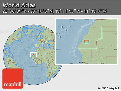 Savanna Style Location Map of the Area around 22° 53' 22" N, 15° 13' 29" W, hill shading
