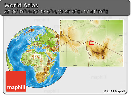 Physical Location Map of the Area around 22° 53' 22" N, 16° 13' 30" E