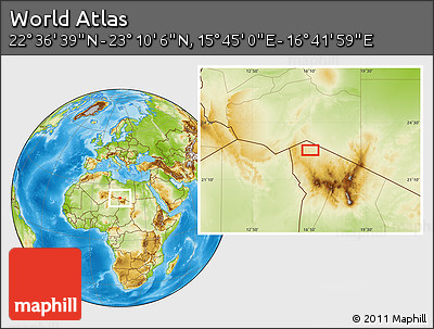 Physical Location Map of the Area around 22° 53' 22" N, 16° 13' 30" E