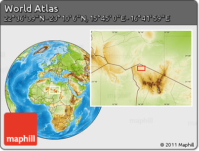 Physical Location Map of the Area around 22° 53' 22" N, 16° 13' 30" E