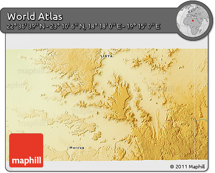 Physical 3D Map of the Area around 22° 53' 22" N, 18° 46' 29" E