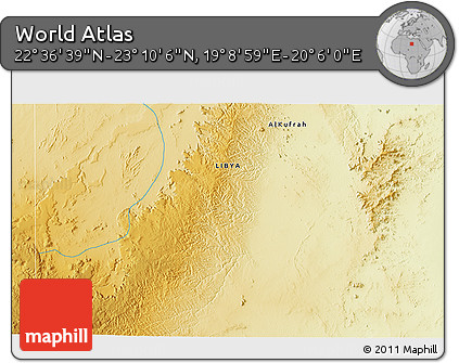 Physical 3D Map of the Area around 22° 53' 22" N, 19° 37' 30" E