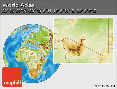 Physical Location Map of the Area around 22° 53' 22" N, 19° 37' 30" E