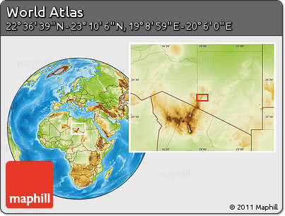 Physical Location Map of the Area around 22° 53' 22" N, 19° 37' 30" E