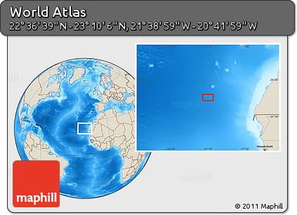 Shaded Relief Location Map of the Area around 22° 53' 22" N, 21° 10' 29" W