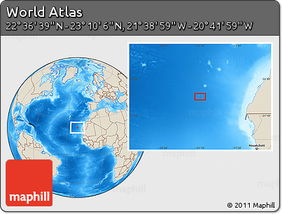 Shaded Relief Location Map of the Area around 22° 53' 22" N, 21° 10' 29" W