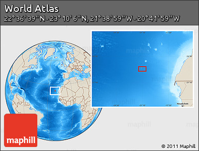 Shaded Relief Location Map of the Area around 22° 53' 22" N, 21° 10' 29" W