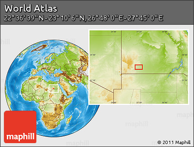Physical Location Map of the Area around 22° 53' 22" N, 27° 16' 29" E
