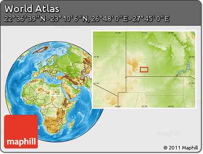 Physical Location Map of the Area around 22° 53' 22" N, 27° 16' 29" E