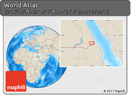 Shaded Relief Location Map of the Area around 22° 53' 22" N, 34° 55' 29" E