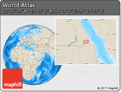 Shaded Relief Location Map of the Area around 22° 53' 22" N, 34° 55' 29" E