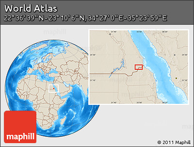 Shaded Relief Location Map of the Area around 22° 53' 22" N, 34° 55' 29" E