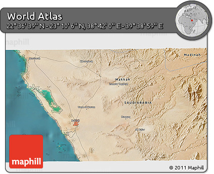 Satellite 3D Map of the Area around 22° 53' 22" N, 39° 10' 29" E