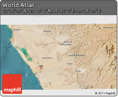 Satellite 3D Map of the Area around 22° 53' 22" N, 39° 10' 29" E