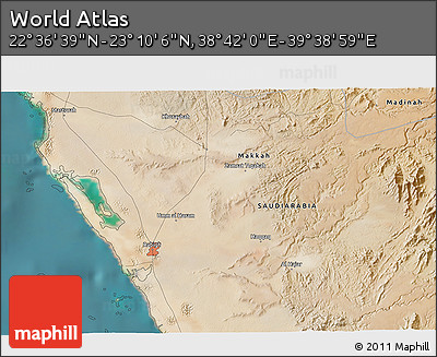 Satellite 3D Map of the Area around 22° 53' 22" N, 39° 10' 29" E