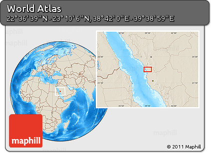 Shaded Relief Location Map of the Area around 22° 53' 22" N, 39° 10' 29" E