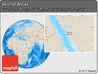 Shaded Relief Location Map of the Area around 22° 53' 22" N, 39° 10' 29" E