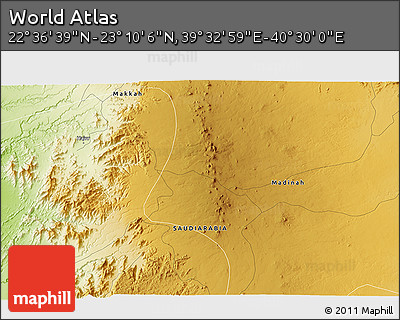 Physical 3D Map of the Area around 22° 53' 22" N, 40° 1' 29" E
