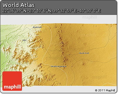 Physical 3D Map of the Area around 22° 53' 22" N, 40° 1' 29" E