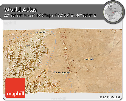 Satellite 3D Map of the Area around 22° 53' 22" N, 40° 1' 29" E