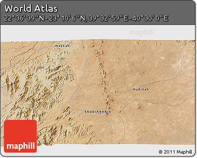 Satellite 3D Map of the Area around 22° 53' 22" N, 40° 1' 29" E