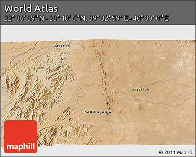 Satellite 3D Map of the Area around 22° 53' 22" N, 40° 1' 29" E