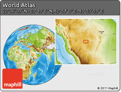 Physical Location Map of the Area around 22° 53' 22" N, 43° 25' 29" E