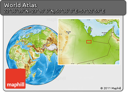 Physical Location Map of the Area around 22° 53' 22" N, 51° 4' 30" E