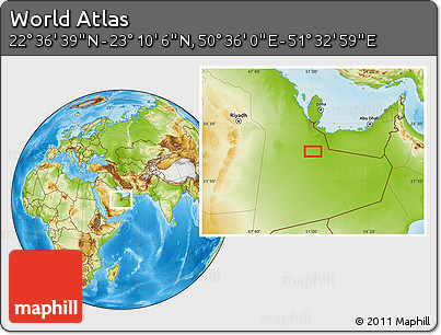 Physical Location Map of the Area around 22° 53' 22" N, 51° 4' 30" E