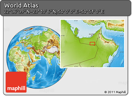 Physical Location Map of the Area around 22° 53' 22" N, 54° 28' 30" E