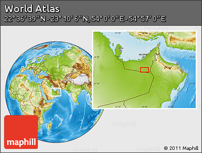 Physical Location Map of the Area around 22° 53' 22" N, 54° 28' 30" E