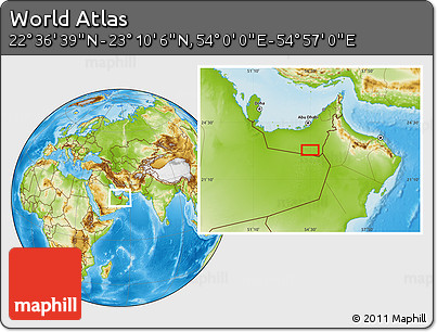 Physical Location Map of the Area around 22° 53' 22" N, 54° 28' 30" E