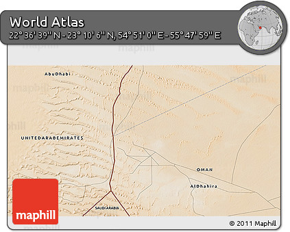 Satellite 3D Map of the Area around 22° 53' 22" N, 55° 19' 30" E