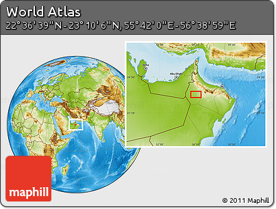 Physical Location Map of the Area around 22° 53' 22" N, 56° 10' 29" E