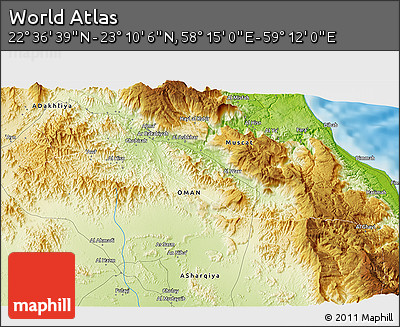 Physical 3D Map of the Area around 22° 53' 22" N, 58° 43' 30" E