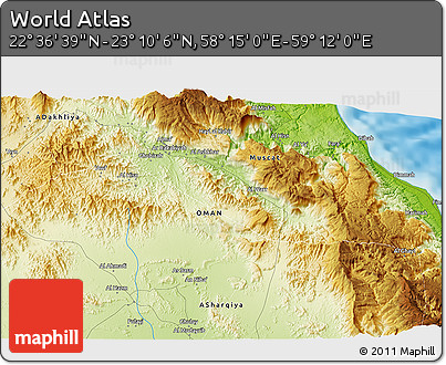 Physical 3D Map of the Area around 22° 53' 22" N, 58° 43' 30" E