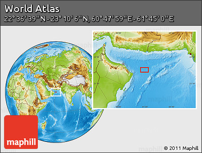 Physical Location Map of the Area around 22° 53' 22" N, 61° 16' 29" E