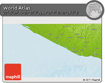 Physical 3D Map of the Area around 22° 53' 22" N, 68° 55' 30" E